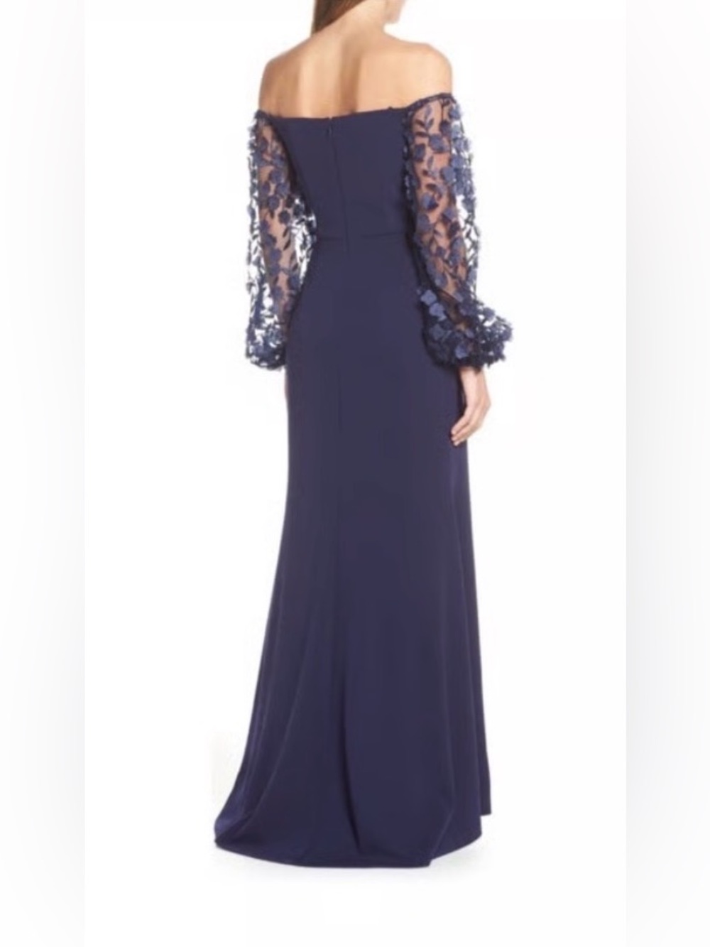 Eliza J Navy Evening Gown with 3D Floral Sheer Sleeves